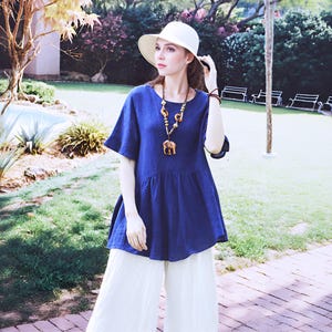 Anysize custom 100% linen summer tops flowy swing tops for ladies breathable plus size clothing soft linen shirt plus size clothing F37AL