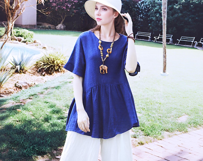Anysize custom 100% linen summer tops flowy swing tops for ladies breathable plus size clothing soft linen shirt plus size clothing F37AL