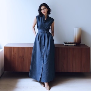 Anysize custom 100% linen shirt dress sleeveless buttoned maxi dress with side pockets summer plus size dress plus size clothing F84JL