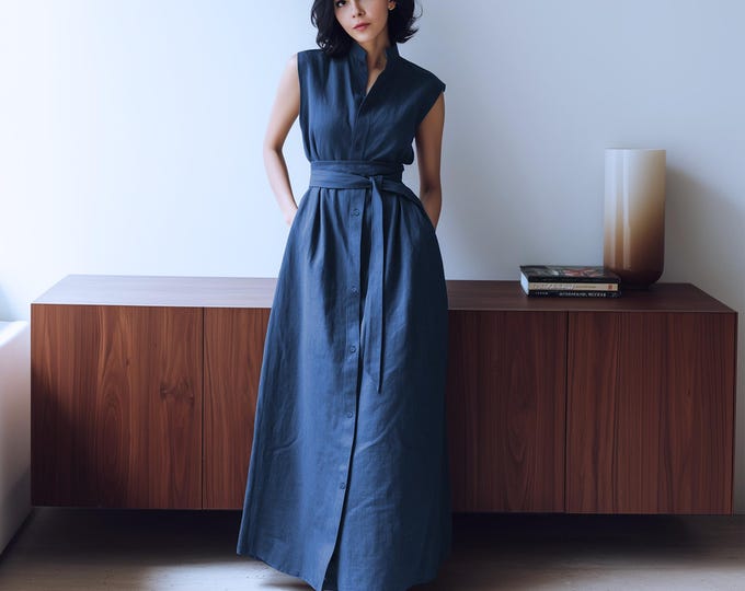 Anysize custom 100% linen shirt dress sleeveless buttoned maxi dress with side pockets summer plus size dress plus size clothing F84JL