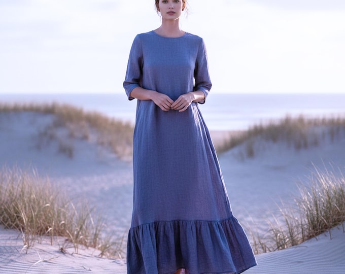 Anysize Custom 100% Linen Linen Maxi Dress 3/4 Sleeve Ruffle Hem Loose Fit Summer Beach Dress Plus Size Dress Plus Size Clothing F44UL