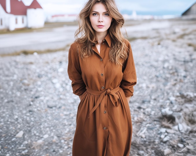 Anysize Linen Cotton Shirt Dress with Belt & Pockets - Plus Size Spring Fall Dress F59PN