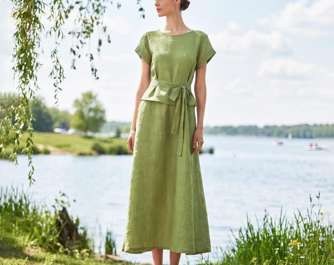 Anysize Custom 100% Linen Dress Faux Two Piece Front Dress Tie Waist A-Line Dress Summer Casual Loose Fit Dress with Pockets F90VL