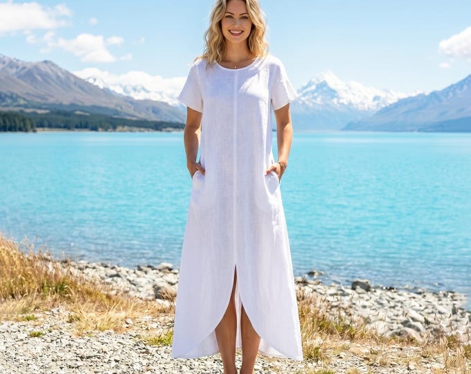 Anysize Custom 100% High Low Hem Dress with Pockets Summer Casual Short Sleeve Linen Dress Loose Fit Minimalist Vacation Outfit F26WL