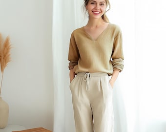 Anysize custom soft linen cotton long sleeves tops V neck retro spring fall casual blouse plus size tops plus size clothing F613E