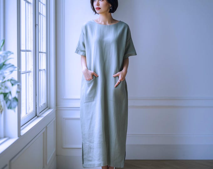 Anysize soft linen cotton round neck maxi dress short sleeves with side pockets summer loose dress plus size dress plus size clothing F89JQ