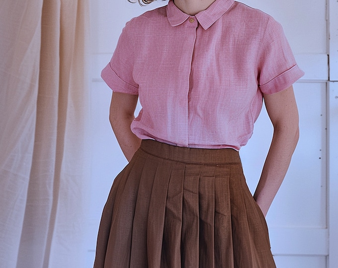 Anysize custom 100% linen shirt hidden placket short sleeves loose blouse summer plus size tops plus size clothing F416L