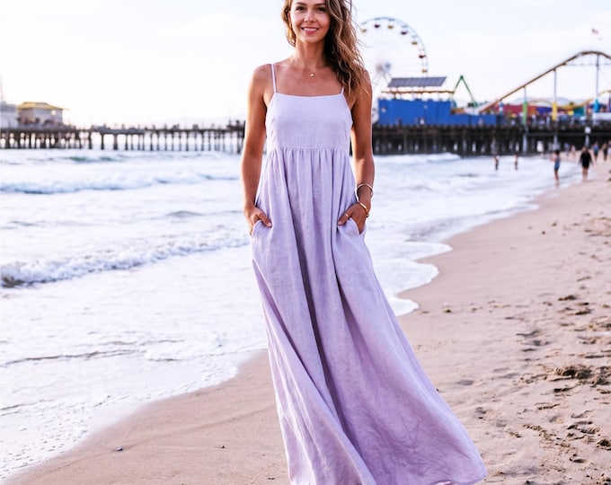 Anysize Custom 100% Linen Maxi Dress Open Back Summer Dress with Pockets Boho Wedding Guest Gown Backless Beach Sundress Slip Dress F19VL