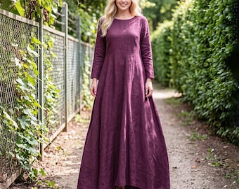 Anysize custom long sleeves 100% linen maxi classic A-line retro dress with pockets spring summer plus size dress plus size clothing F494L
