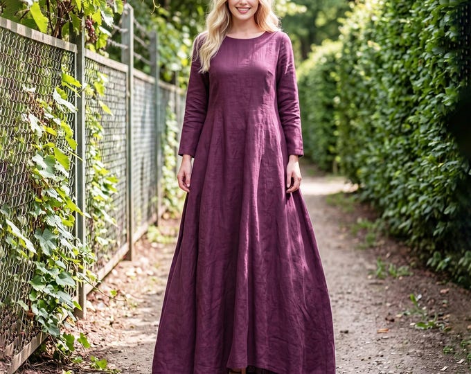 Anysize custom long sleeves 100% linen maxi classic A-line retro dress with pockets spring summer plus size dress plus size clothing F494L