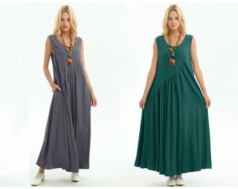 Anysize sleeveless loose linen cotton pleated dress jumper dress with side pockets summer plus size dress plus size clothing Y356