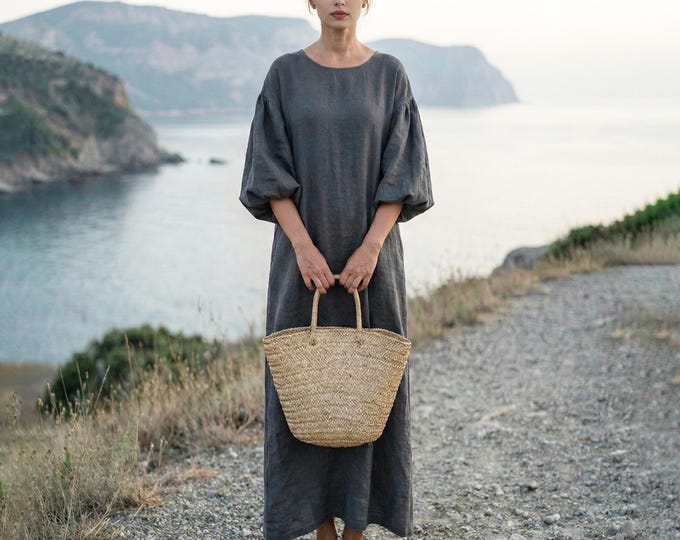 Anysize Custom 100% Linen Maxi Dress Puff Sleeve Loose Fit Dress Minimalist Elegant Women’s Linen Dress Plus Size Dress F12UL