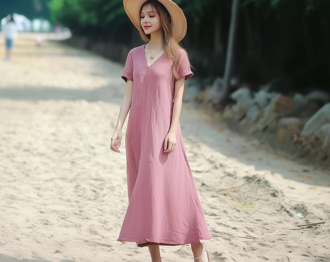 Anysize custom 100% linen v neck dress short sleeves spring summer long dress plus size dress plus size clothing F57CL