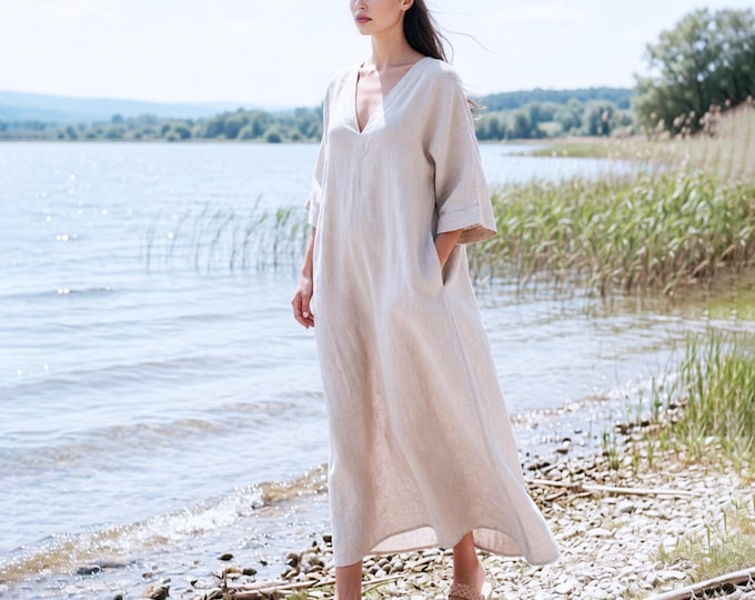 Anysize Custom 100% Linen Maxi Dress with 3/4 Sleeves Deep V Neck Loose Dress Minimalist Summer Casual Relaxed Fit Dress with Pockets F50WL