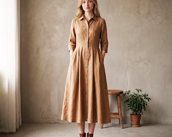 Anysize Custom Linen Cotton Shirt Dress Women Button Front Maxi Dress Three Quarter Sleeve A Line Dress Spring Fall Plus Size Dress F65HN