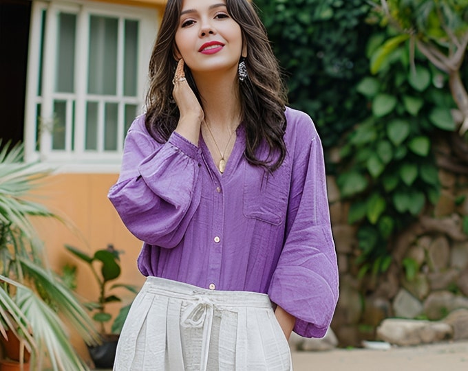 Anysize custom V-neck 100% linen casual blouse long sleeves buttoned linen t-shirts summer plus size tops plus size clothing F400L