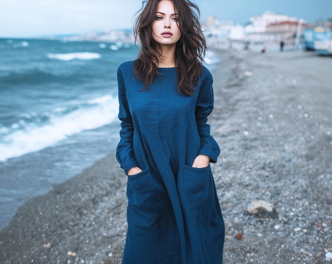 Anysize custom soft linen cotton long sleeves round neck plus size dress with patch pockets loose fit spring fall pluse size clothing F76PE