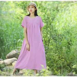 Anysize summer casual loose dress pleated with side pockets plus size clothing soft linen cotton dress T115Q
