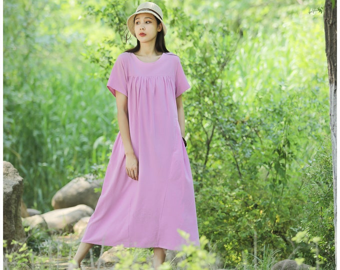 Anysize summer casual loose dress pleated with side pockets plus size clothing soft linen cotton dress T115Q