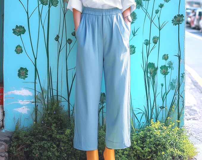 Anysize custom 100% linen trousers with side pockets elastic waist loose spring summer plus size pants plus size clothing F21AL