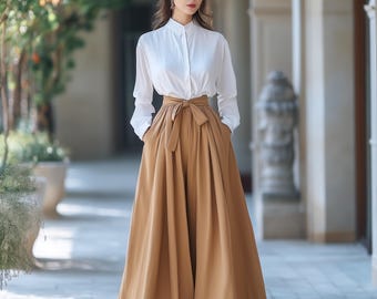 Anysize custom pantskirt linen cotton wide leg pants with pockets elastic waist plus size pants spring fall winter plus size clothing F642N