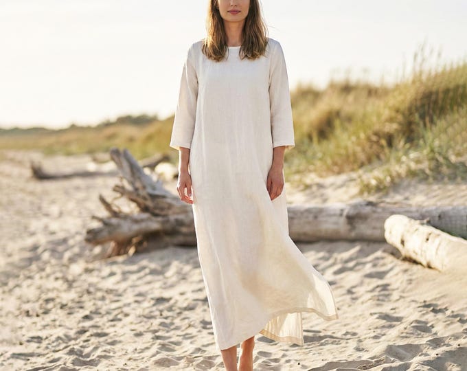 Anysize Custom Soft Linen Cotton Dress With 3/4 Sleeves Side Pockets Spring Summer Fall Plus Size Dress Plus Size Clothing F67TE