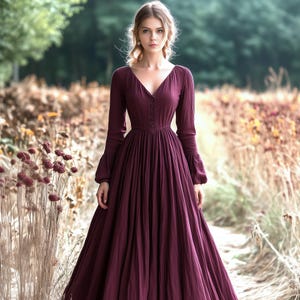 Vestido largo de lino y algodón suave con escote en V profundo, personalizado en cualquier talla, con botones funcionales, bolsillos laterales, ropa de primavera y otoño en tallas grandes F936E
