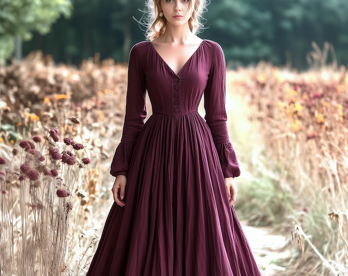 Anysize custom deep v neck soft linen cotton plus size maxi dress with functional buttons side pockets spring fall plus size clothing F936E