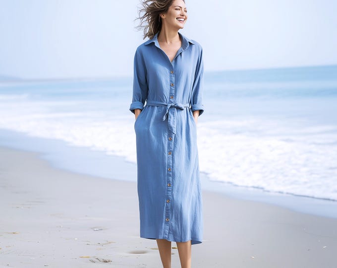 Anysize custom long sleeves 100% linen shirt dress belted dress with pockets spring summer fall plus size dress plus size clothing F32RL