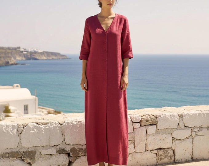 Anysize Custom 100% Linen Column Maxi Dress V Neck Button Down Dress Clean Line Summer Dress Plus Size Dress Plus Size Clothing F59UL