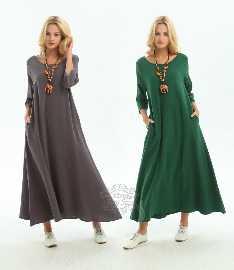 Anysize 3/4 sleeves A-line dress with side pockets soft linen cotton loose dress spring summer maxi dress plus size dress F140A 