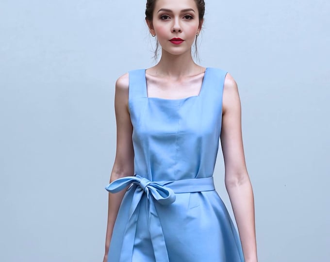 Anysize custom 100% linen square neck sleeveless loose dress with side pockets belted summer plus size dress plus size clothing F70JL