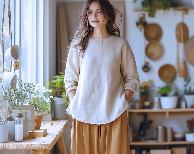 Anysize custom linen cotton simple tops with long sleeves plus size shirt plus size tops plus size clothing spring fall tops F708N