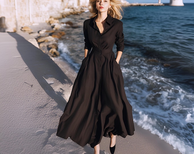 Anysize custom linen cotton shirt dress long sleeves with side pockets spring fall retro plus size dress plus size clothing F17SN