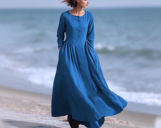 Anysize round neck functional buttons long sleeves linen cotton dress with pockets spring fall retro plus size clothing F92YN