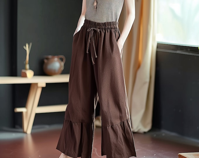 Anysize custom soft linen cotton pants with side pockets elastic waist ruffle trousers casual loose plus size pants plus size clothing F530E