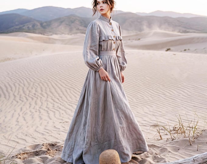 Anysize custom linen cotton plus size dress with lantern sleeves with belt side pockets spring fall plus size clothing F605N