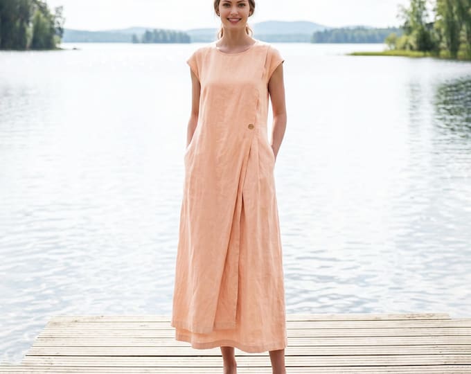 Anysize Custom 100% Linen Front Two Piece Look Dress Linen Layered Dress Minimal Summer Dress With Pockets Plus Size F80WL
