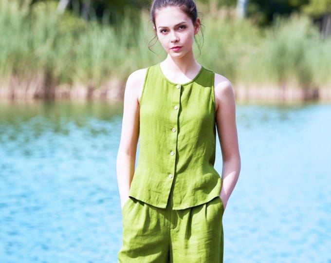 Anysize Custom 100% Linen Tank Top Button Front Linen Top Sleeveless Summer Top Minimalist Casual Blouse Lightweight Vacation Top F30WL