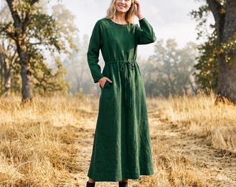 Anysize Custom Soft Linen Cotton Maxi Dress Women Long Sleeve Dress Drawstring Waist Loose Fit A Line Spring Fall Plus Size Dress F67HE