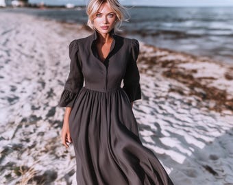 Anysize Custom Dress Functional Buttons Stand Collar 3/4 Sleeves Linen Cotton Dress With Pockets Spring Fall Retro Plus Size Clothing F37SN