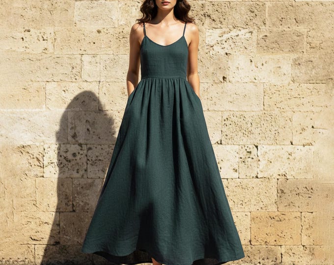 Anysize Custom 100% Linen Maxi Dress Spaghetti Strap A Line Dress with Pockets Summer Sundress Full Skirt Plus Size Dress F48UL