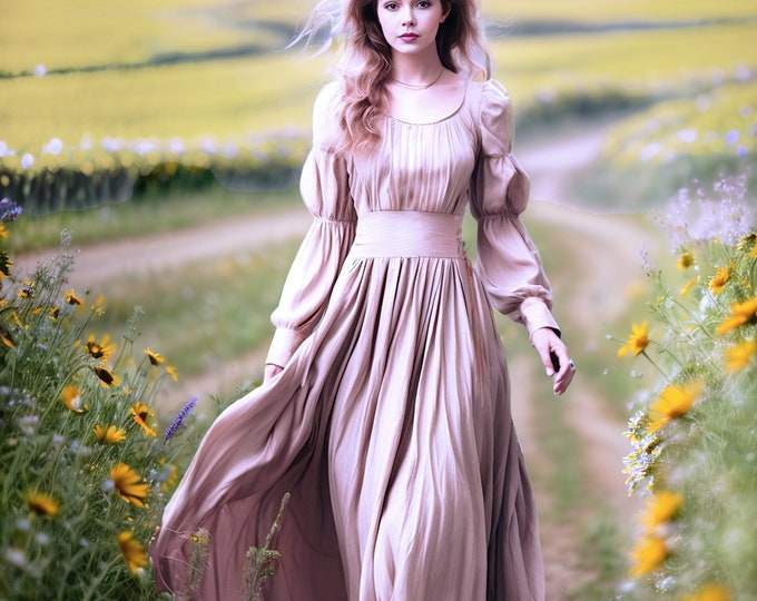 Anysize custom long sleeves 100% linen Edwardian Victorian style maxi dress retro spring summer fall plus size dress plus size clothing F1BL