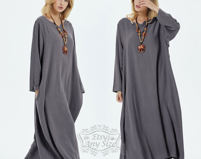 Anysize V-necked soft linen dress cotton dress maxi dress spring fall winter dress plus size dress plus size clothing F179E