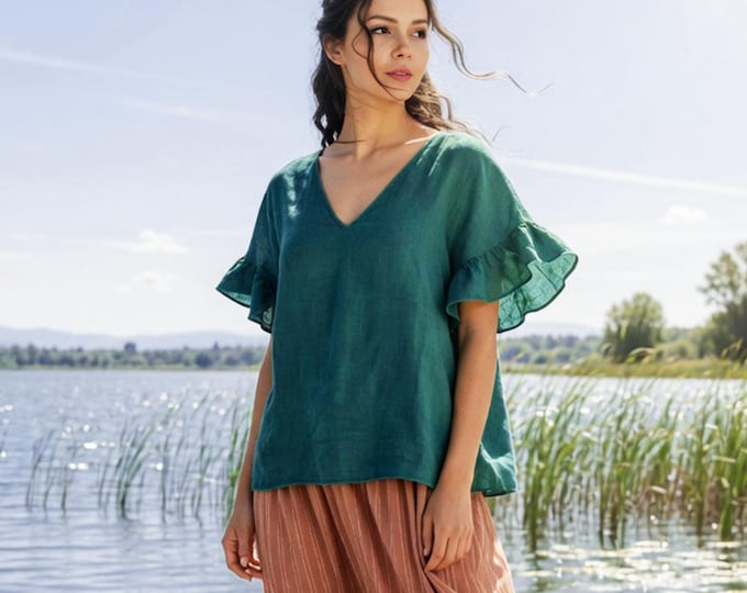 Anysize Custom 100% Linen Blouse Women Ruffle Sleeve Top V Neck Linen Top Loose Fit Summer Blouse Casual Plus Size Shirt F35WL