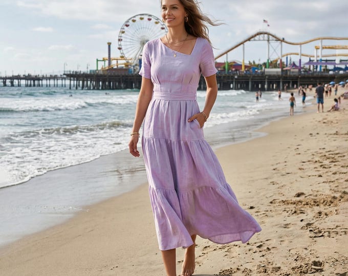 Anysize Custom 100% Linen Dress Asymmetrical Neck Princess Seam Dress Tie Back Tiered A Line Summer Beach Dress With Pockets F46VL