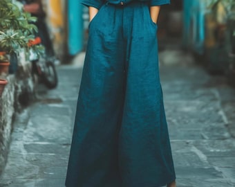 Anysize custom 100% linen pants wide leg elastic waist pants with pockets casual loose spring summer plus size pants plus size clothing F4RL