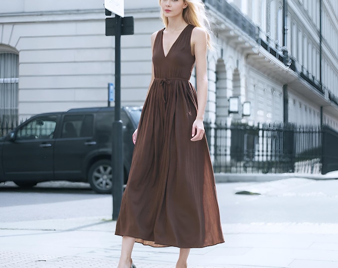 Anysize custom linen cotton sleeveless dress V-neck with drawstring side pockets spring summer plus size dress plus size clothing F76CQ