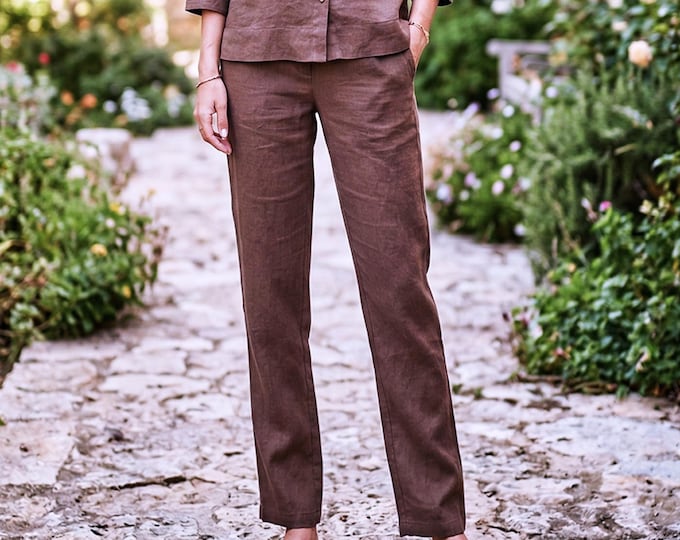 Anysize Custom 100% Linen Straight Leg Pants for Women High Waist Linen Trousers Relaxed Fit Pants Minimal Plus Size Clothing F82UL