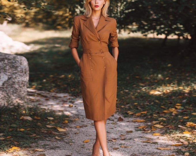 Anysize Custom Tailored Dress Linen Cotton Collared with pockets Long Sleeves Back Slit Spring Fall Plus size Dress plus size clothing F36SN